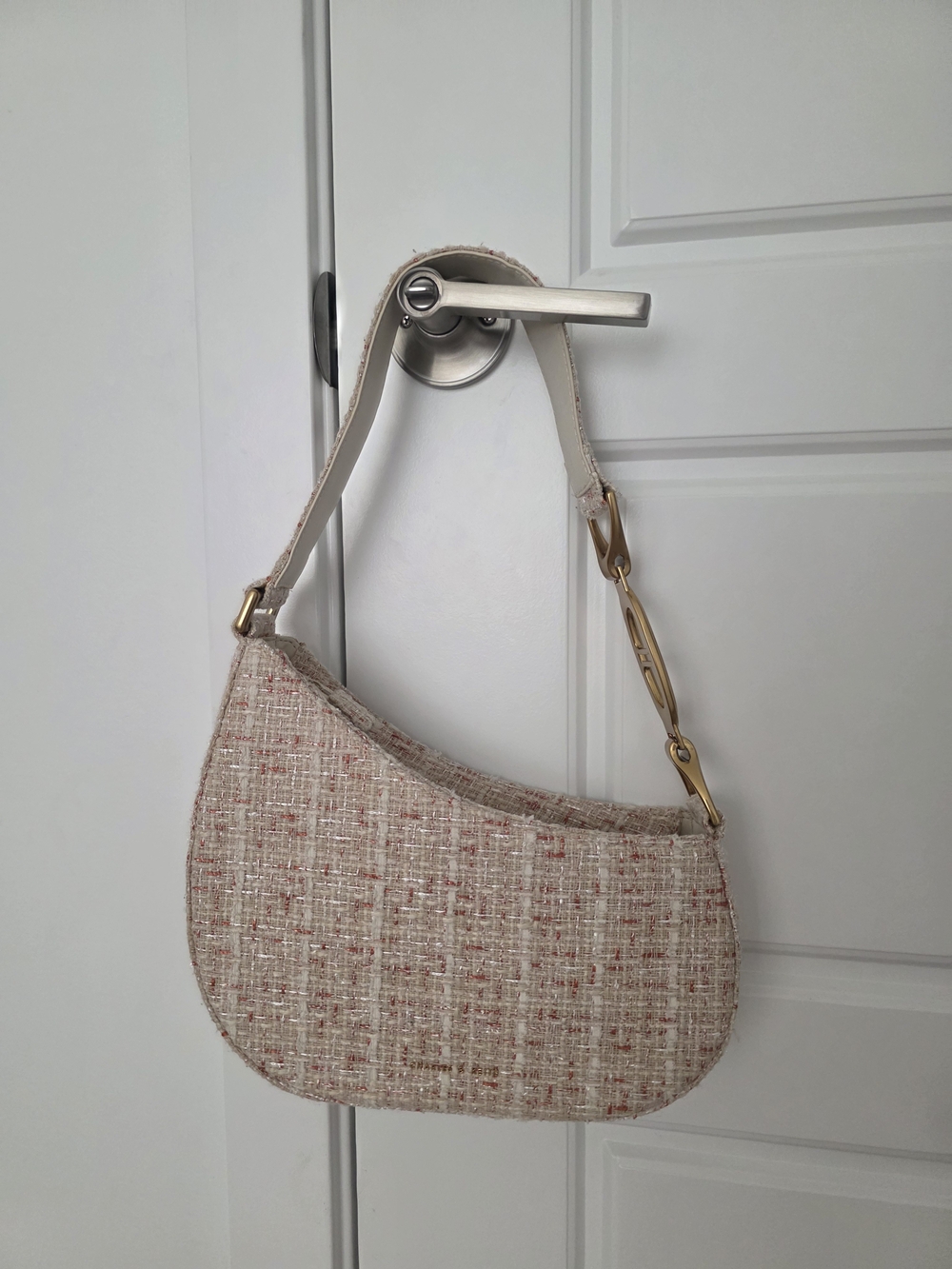 9Charles & Keith Woven Bouclé Shoulder Bag in Beige-Pink with Gold Hardware